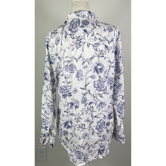 Cynthia Rowley Linen Blouse Top L Blue White Floral Roll Tab Sleeves Art to Wear - Picture 3 of 11